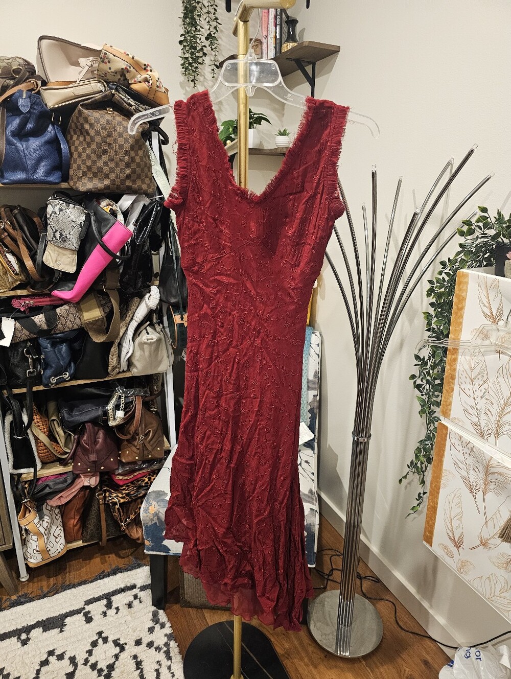 Vintage Sleeveless Red V-Neck Maxi Dress with Beaded Texture And Distressing